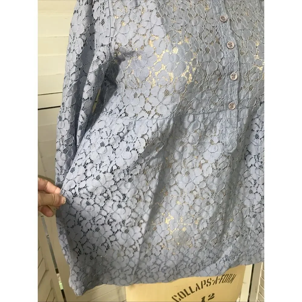 Michael Kors Sheer Lace Shirt Women’s Long Sleeve Babydoll 1/2 Button Up Medium
